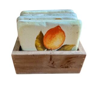 Creative Co-op Resin Citrus Coasters in Wood Holder (Set of 4 Coasters)